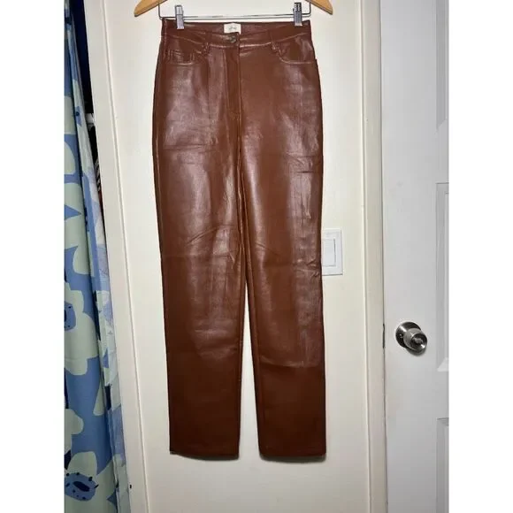 Aritzia Wilfred Faux Leather Melina Pants Vegan Cognac Brown Straight Leg Size 0 - Picture 3 of 6